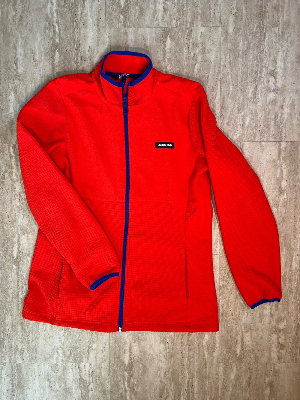 Lands' End Grid Fleece Zip Up Jacket Bright Red with Blue Trim Lightweight Med